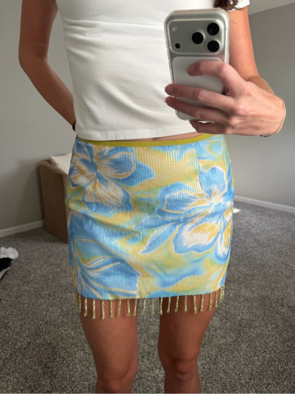 Floral Beaded Trim Mini Skirt in Blue & Yellow